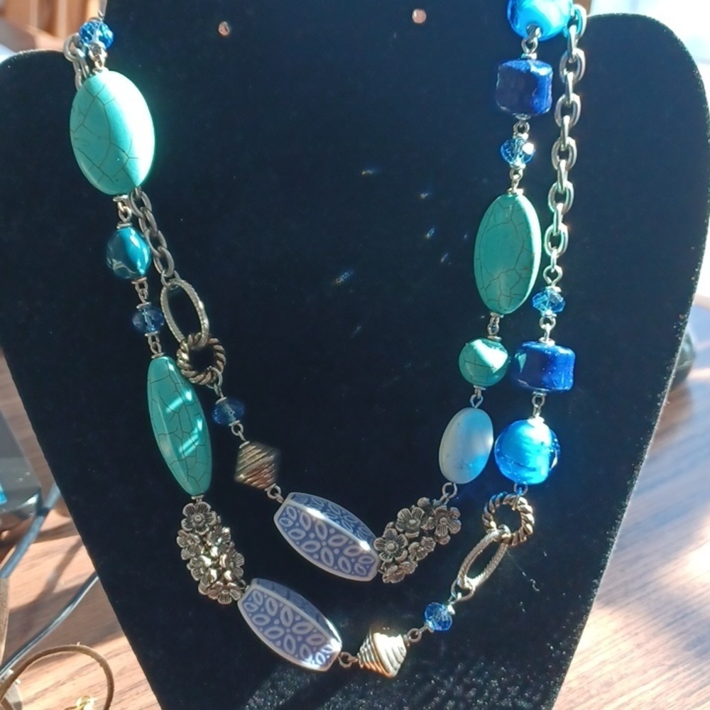 Premier Designs Blue Ceramic & Turquoise Necklace, 18" drop or double up shorter